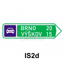 IS02d - Směrová tabule pro příjezd k silnici pro motorová vozidla (s dvěma cíli)